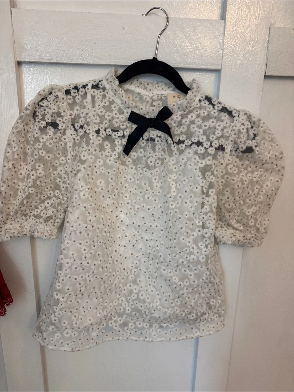 Floral Eyelet Puff-Sleeve Top with Bow - White